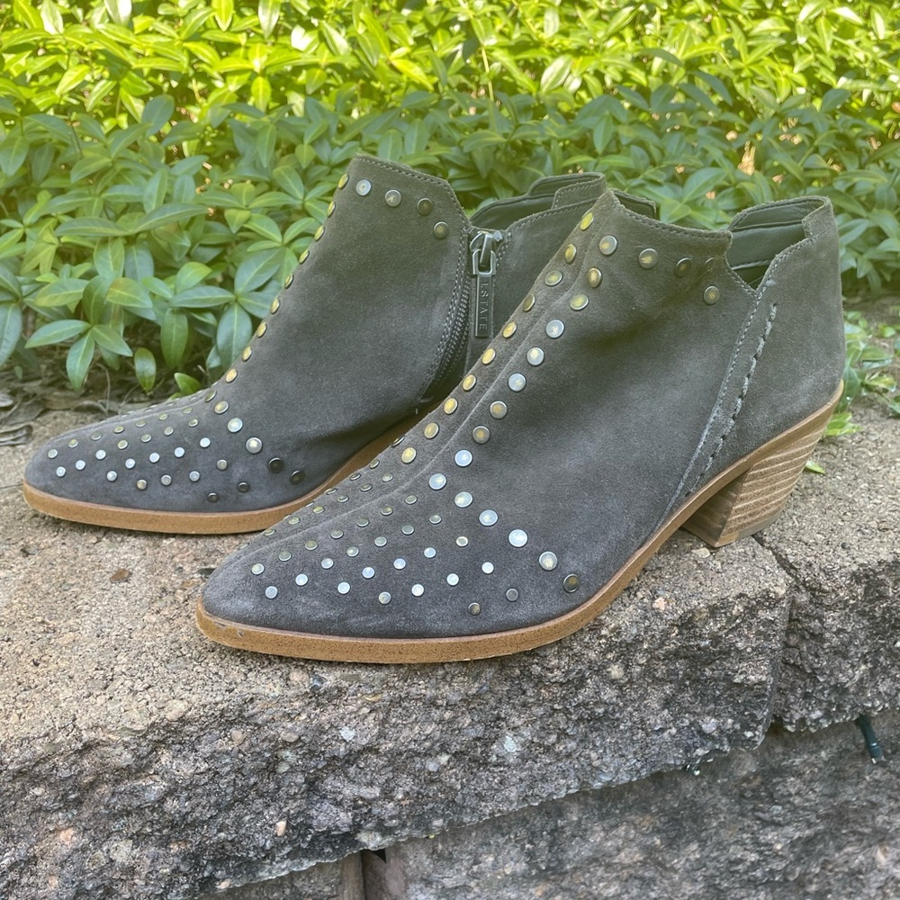 1. State Loka Studded Ankle Boots Booties Gray Suede Zipper Size 6 Heel